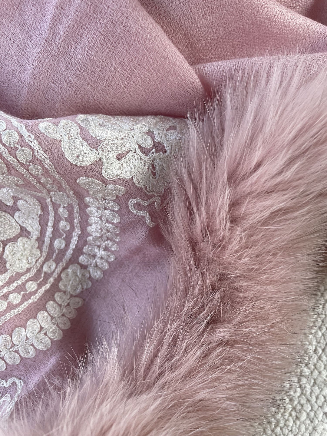 Pink Fur & Embroidery Fine Wool Stole - 164