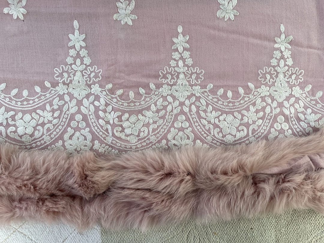 Pink Fur & Embroidery Fine Wool Stole - 164