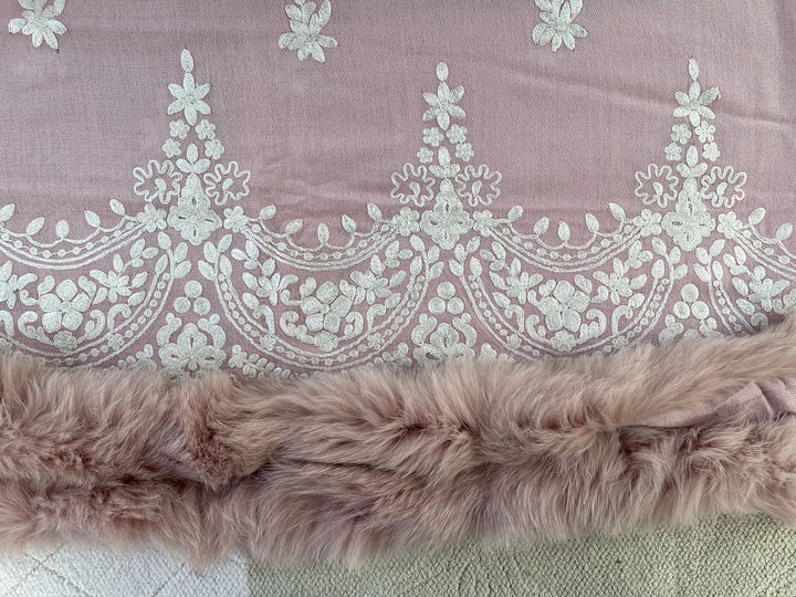 Pink Fur & Embroidery Fine Wool Stole - 164